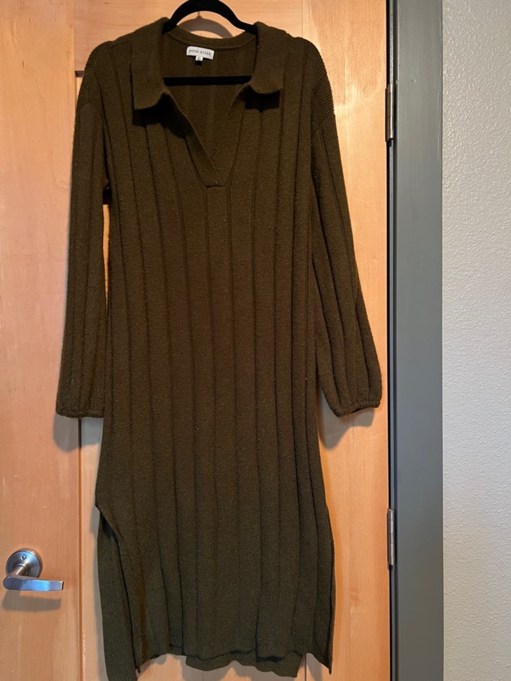 Olive Ribbed Knit Collared Sweater Dress